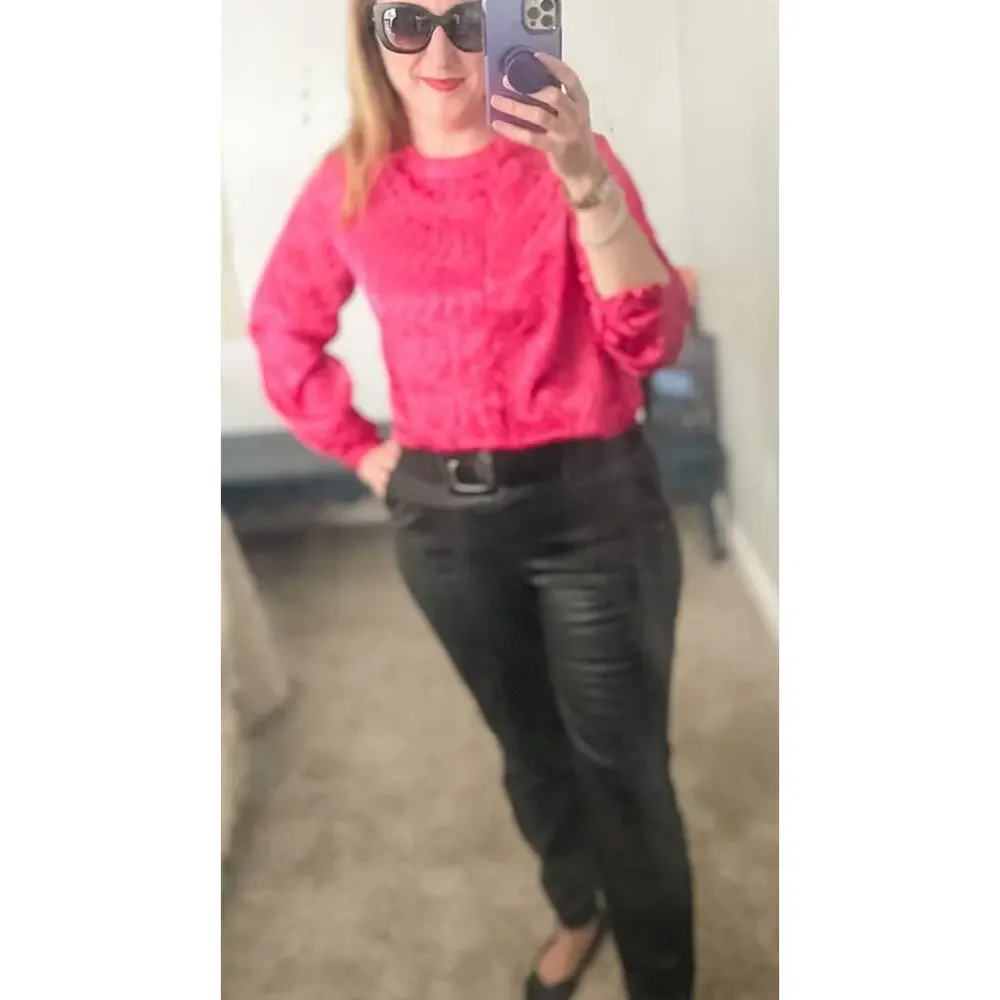 Laura Jean vintage Hot Pink Floral Embossed Back Button Secretary Blouse size 10